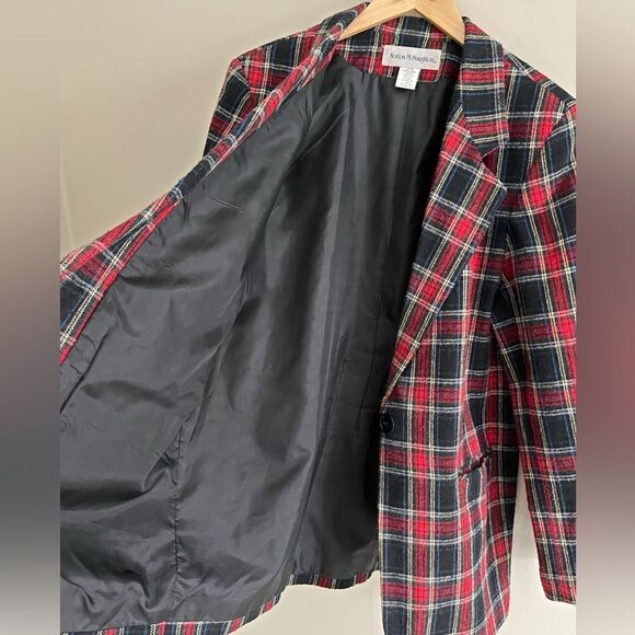 Vintage 90s Norton McNaughton Red Navy Plaid Wool Blend Blazer Jacket | Size 14 - Picture 8 of 12